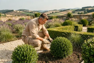 Paysagiste professionnel inspectant une création jardin dans la Drôme avec collines et végétation méditerranéenne en arrière-plan