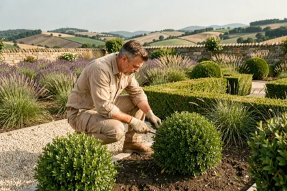 Paysagiste professionnel inspectant une création jardin dans la Drôme avec collines et végétation méditerranéenne en arrière-plan