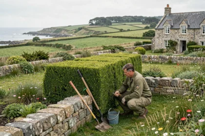 Vue panoramique d'un jardin paysager professionnel dans le Morbihan avec un paysagiste au travail devant une maison bretonne en granit