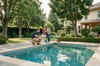 Pisciniste professionnel en discussion avec des propriétaires au bord d'une piscine dans un jardin Seine-et-Marne
