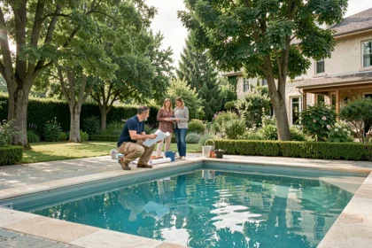 Pisciniste professionnel en discussion avec des propriétaires au bord d'une piscine dans un jardin Seine-et-Marne