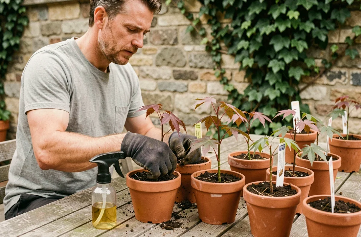 Homme mettant en pot des boutures d'érable japonais dans des terracottas sur une table de jardin