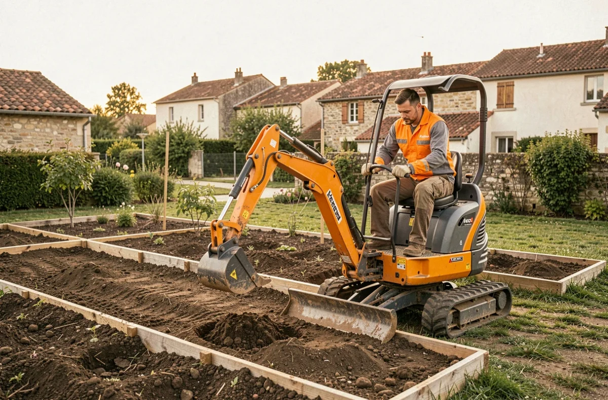 Paysagiste MKD Paysages conduisant une mini-pelle pour aménager un jardin résidentiel dans la Drôme