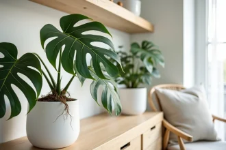 Monstera deliciosa en pot blanc sur une étagère en bois dans un salon scandinave, feuilles fenêtrées et racines aériennes visibles