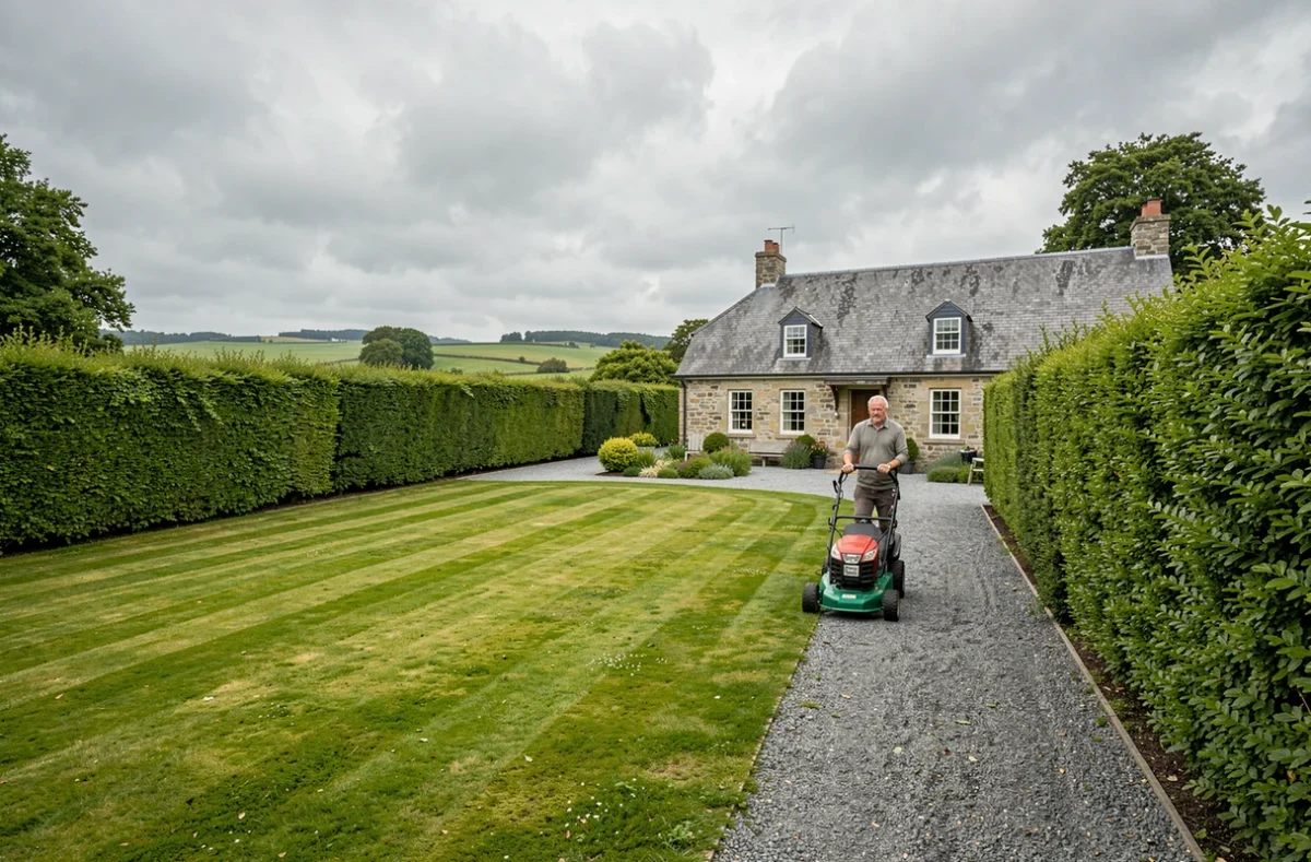 Grand jardin paysager avec haies de charmes, allée en graviers et pelouse tondue par Moréac Paysage près de Moréac dans le Morbihan