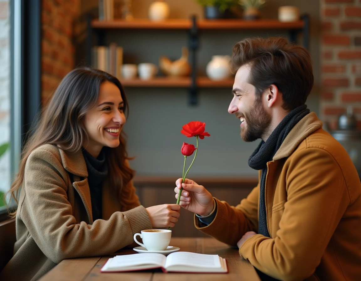 Jeune femme offrant un coquelicot rouge à un homme dans un café, symbolisant le geste d'offrir des coquelicots comme acte de mémoire ou d'affection contemporaine