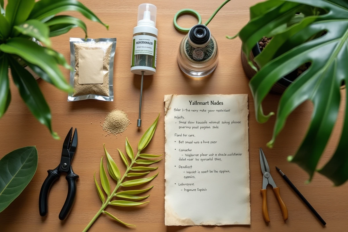 Ensemble d'outils et produits pour soigner un palmier d'intérieur jauni, incluant engrais, hygromètre et sécateur sur table en bois
