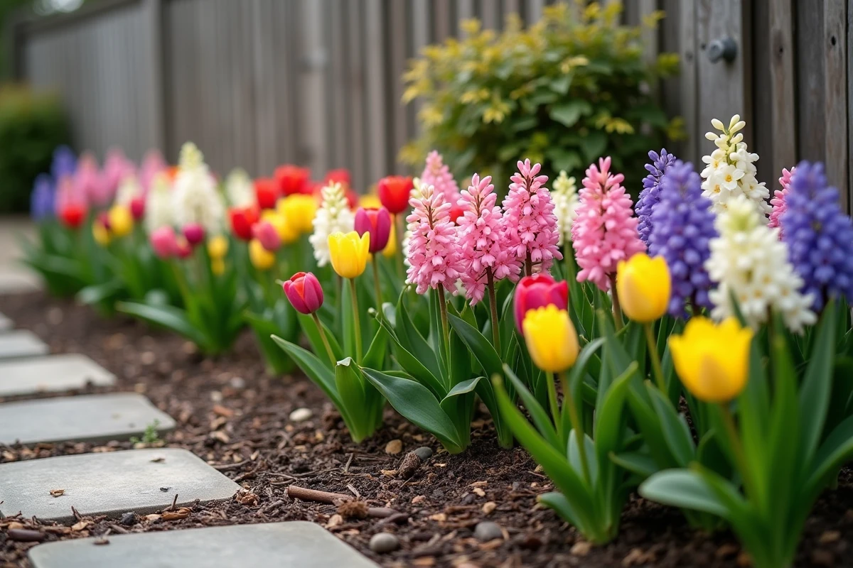 Parterre de jardin printanier avec jacinthes, tulipes et muscaris colorés le long d'une allée en pierre
