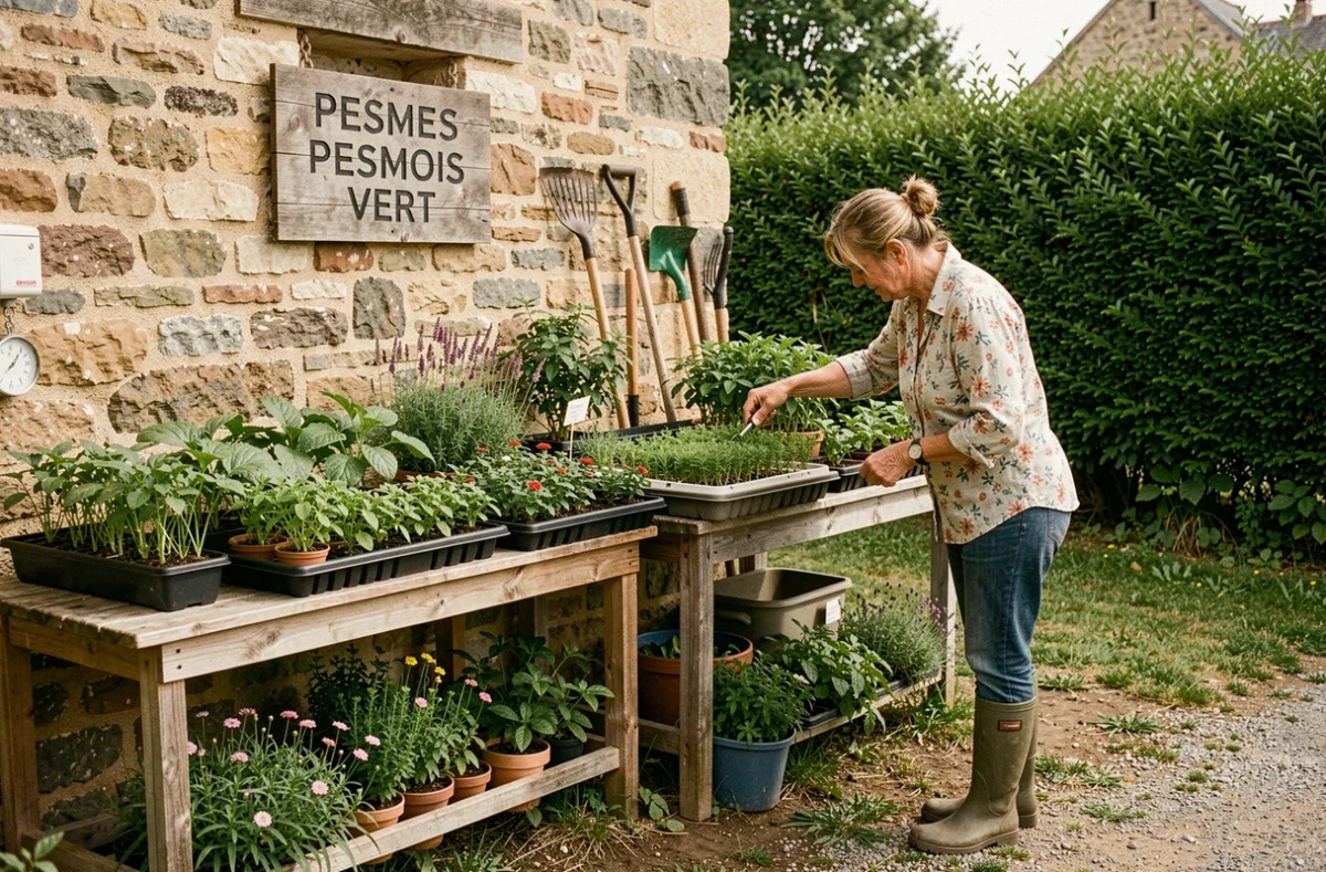 Jardinerie rurale Pesmois Vert à Pesmes avec des plants potagiers et des vivaces exposés devant un mur en pierre