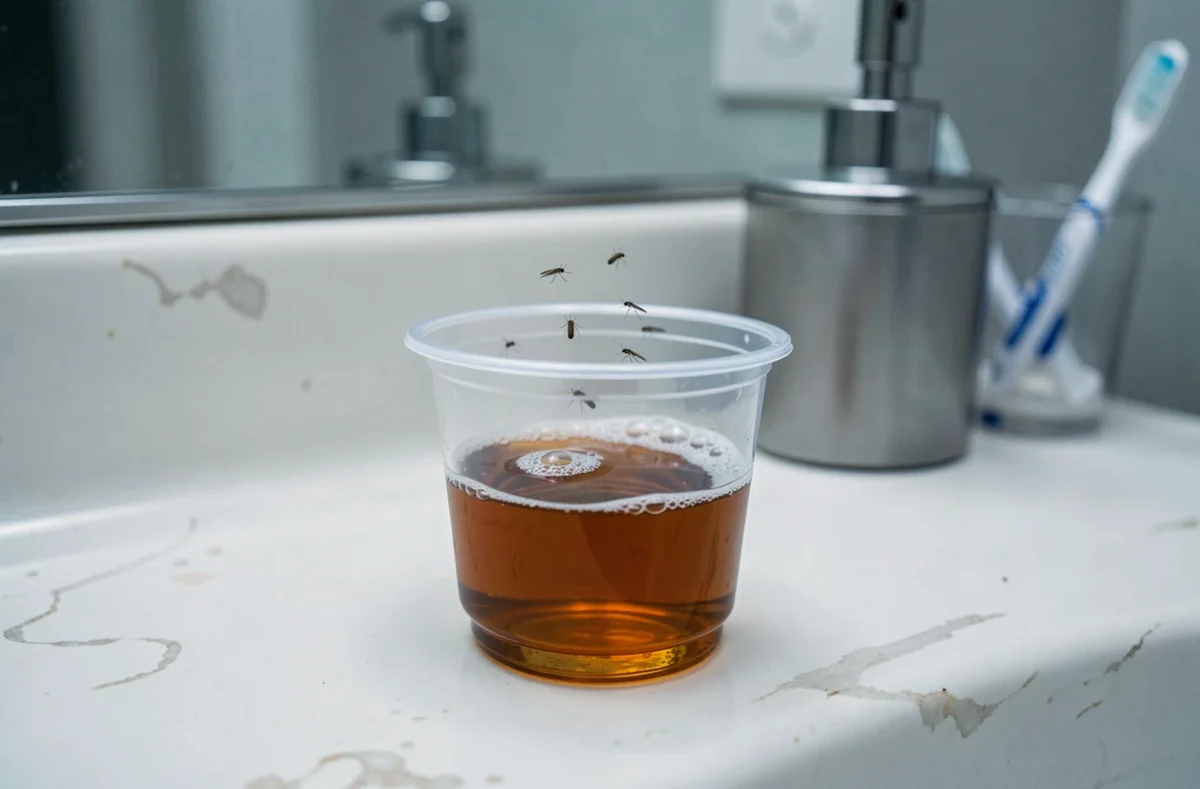 Piège à moucherons DIY avec vinaigre de cidre dans un verre plastique posé sur un meuble de salle de bain