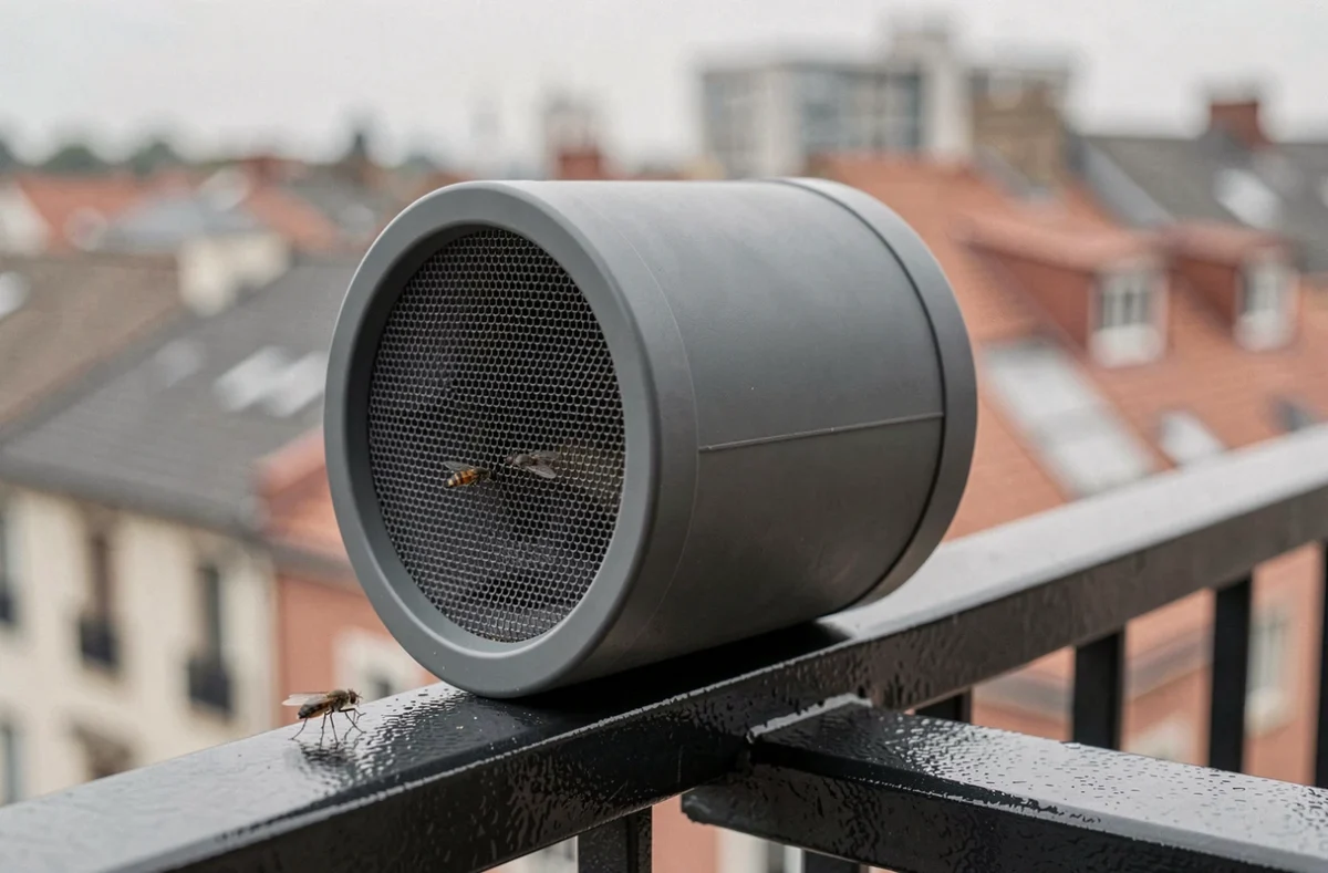 Gros plan sur un piège à mouches cylindrique posé sur une rambarde de balcon avec paysage urbain flou en arrière-plan