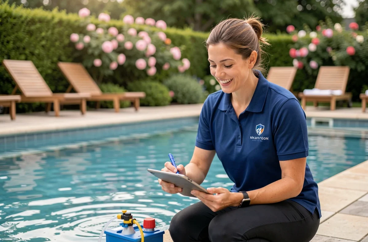 Spécialiste de Piscine Passion testant la qualité de l'eau d'une piscine résidentielle en Seine-et-Marne