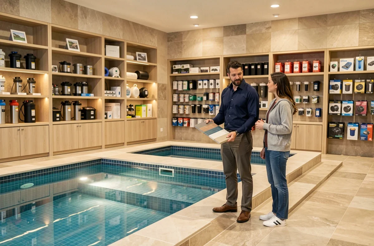 Showroom de Piscines et Bains avec un conseiller présentant des modèles de piscines à des clients