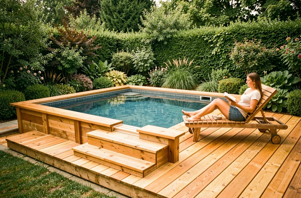 Piscine hors-sol en bois naturel de Piscines O'Bois avec terrasse intégrée dans un jardin Seine-et-Marne