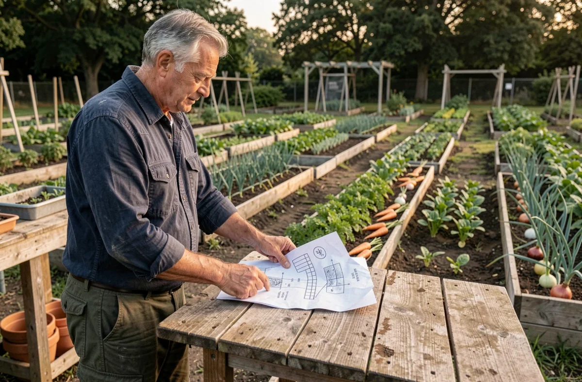 Jardinier qui planifie les associations de légumes au potager avec un plan de plantation dessiné à la main