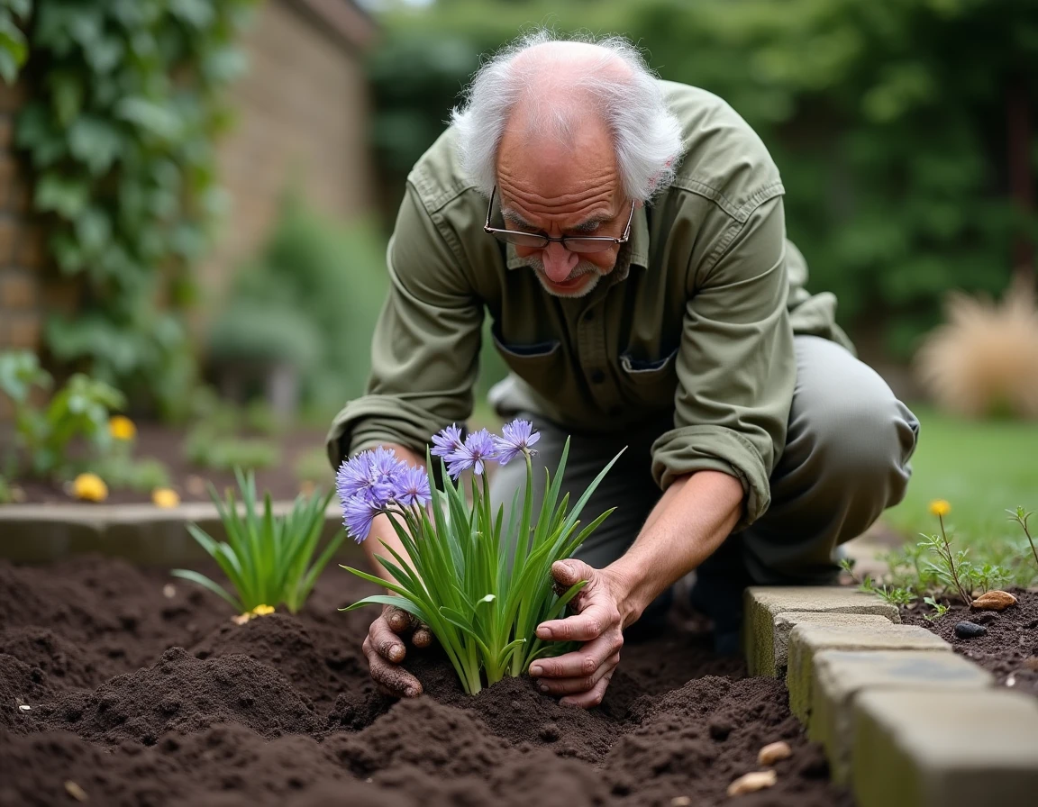 Homme âgé replantant une division d'agapanthe dans une plate-bande de jardin en pleine terre