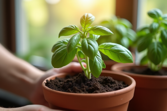 Mains plantant du basilic dans un pot en terre cuite