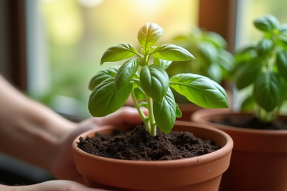 Mains plantant du basilic dans un pot en terre cuite