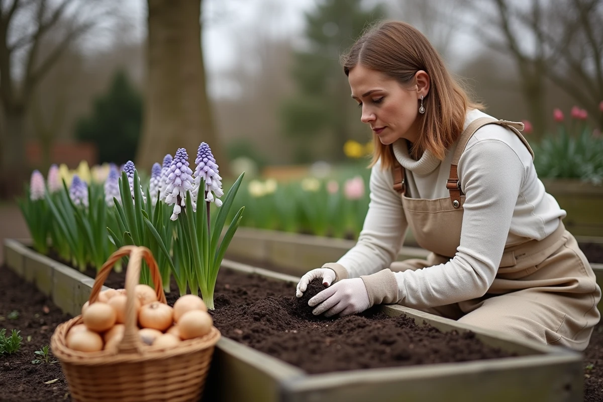 Jardinière plantant des bulbes de jacinthe dans un potager surélevé en bois au début du printemps