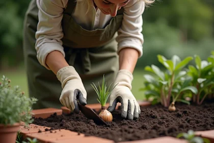 Femme plantant des bulbes de lys en pleine terre dans un massif de jardin avec une truelle