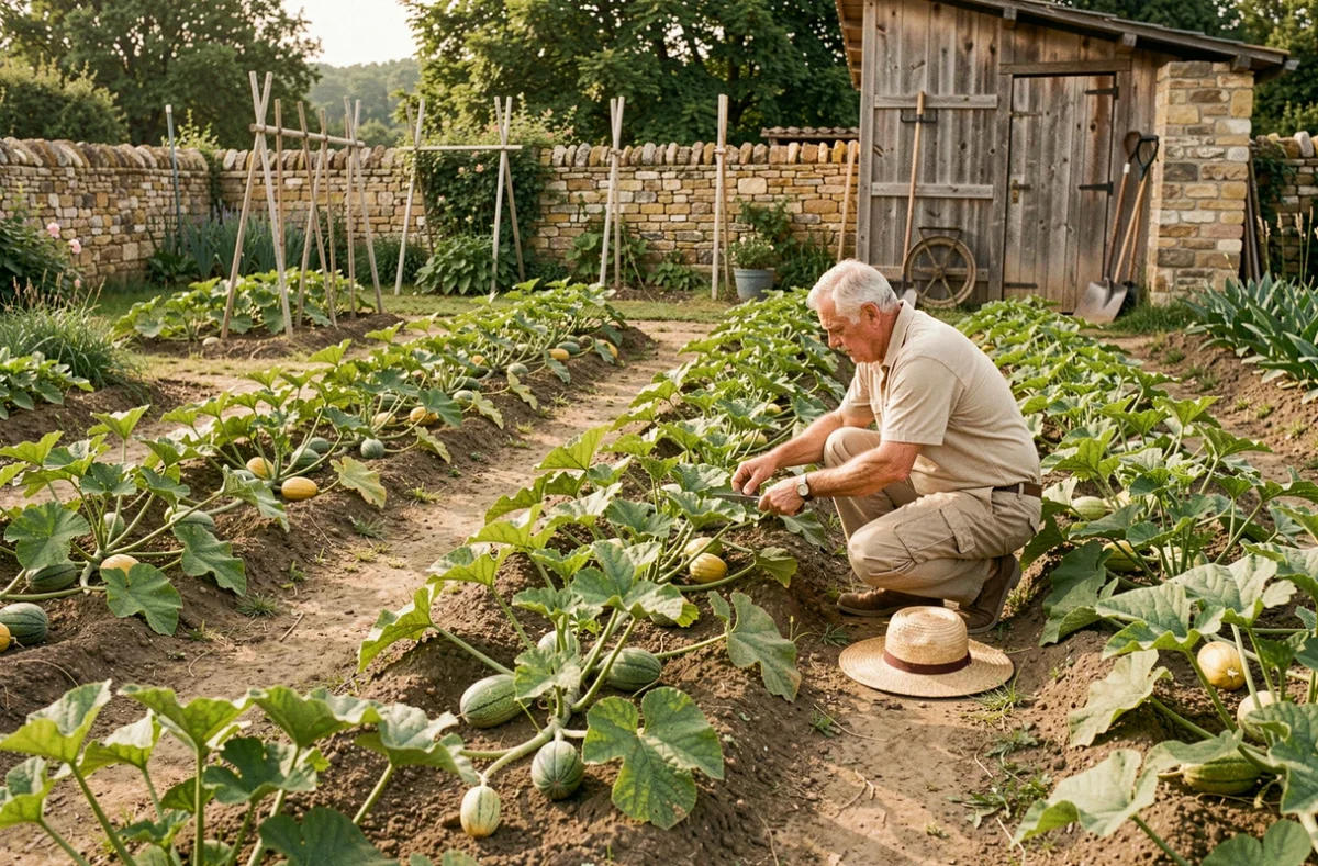 Vue d'ensemble d'un potager français avec des plants de melons charentais en cours de taille
