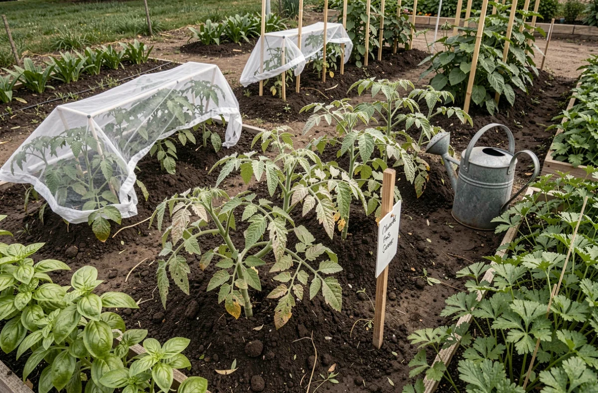 Vue d'ensemble d'un potager avec des plants de tomates repiqués dont les feuilles blanchissent, certains protégés par des voiles d'hivernage pour limiter le choc de transplantation