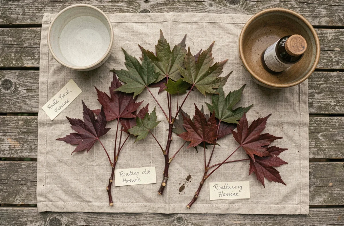 Boutures d'érable du Japon préparées avec hormone de bouturage sur une table en bois vue du dessus