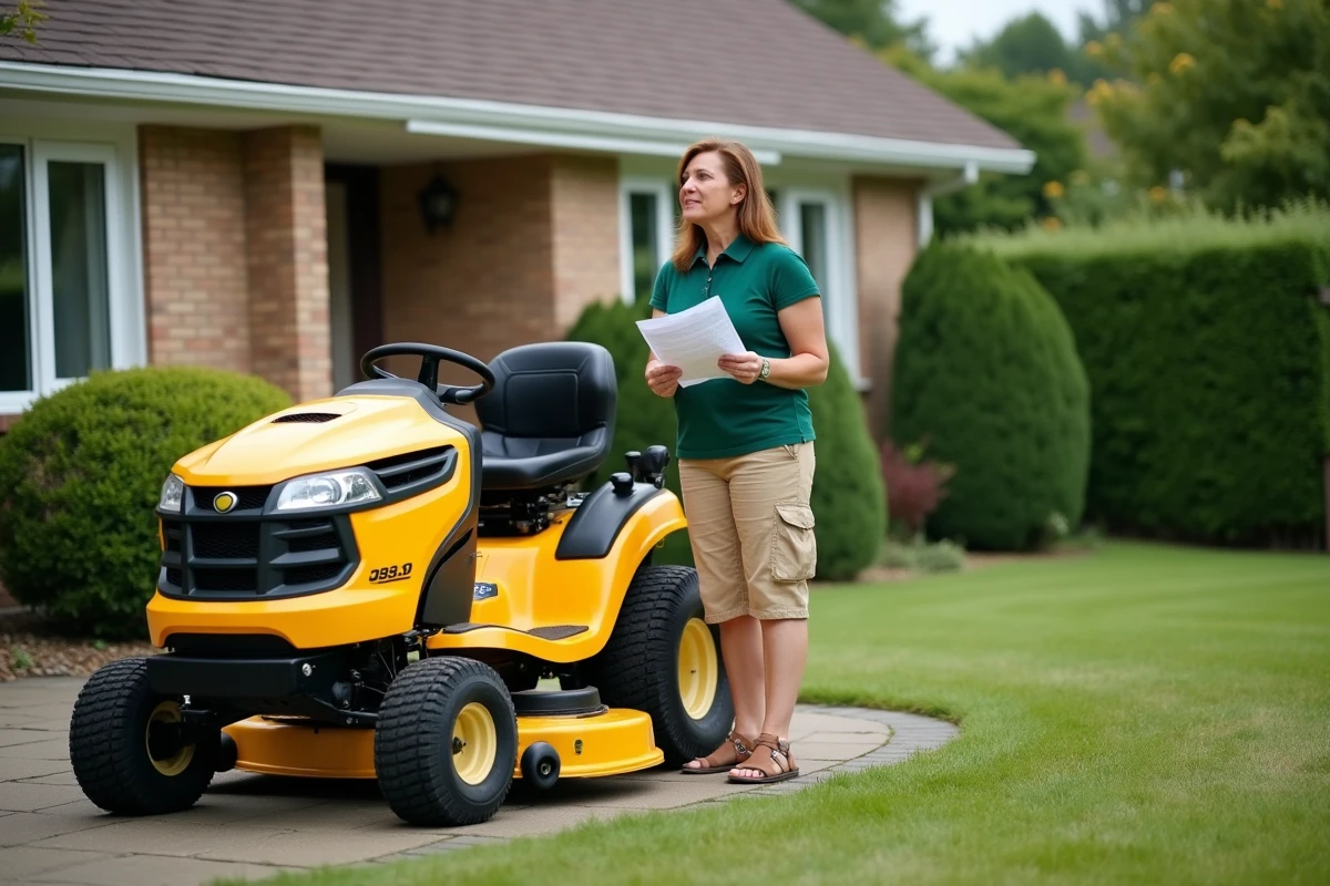 Femme perplexe devant son tracteur tondeuse dont la lame ne s'enclenche pas avec la pelouse à moitié tondue