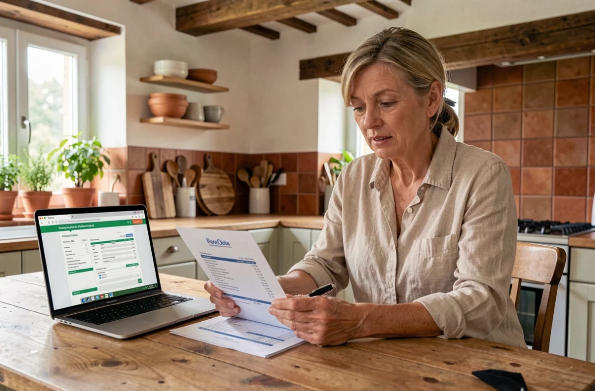 Propriétaire consultant une facture d'élagage et un formulaire de crédit d'impôt sur un ordinateur portable dans une cuisine française