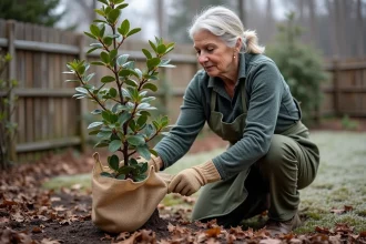 Jardinière enveloppant un hibiscus dormant avec de la toile de jute pour le protéger du gel hivernal dans un jardin de banlieue
