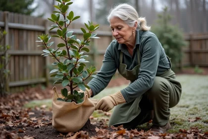 Jardinière enveloppant un hibiscus dormant avec de la toile de jute pour le protéger du gel hivernal dans un jardin de banlieue