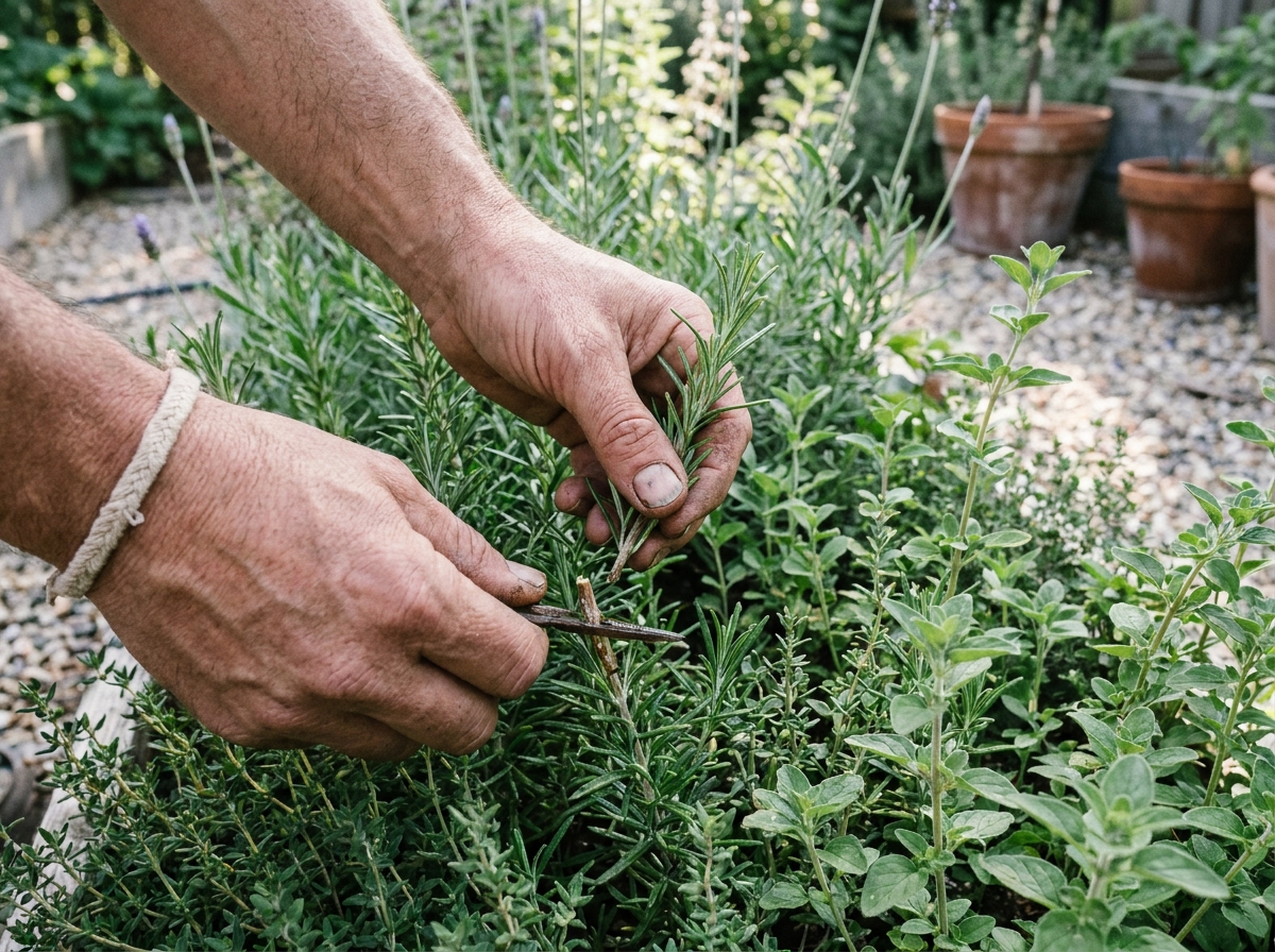 Mains récoltant des brins de romarin et de thym frais dans un jardin d'herbes aromatiques extérieur