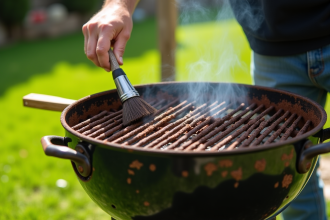 Personne réparant le fond rouillé d'un barbecue charbon dans un jardin