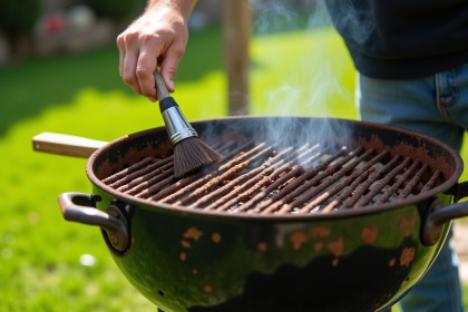Personne réparant le fond rouillé d'un barbecue charbon dans un jardin