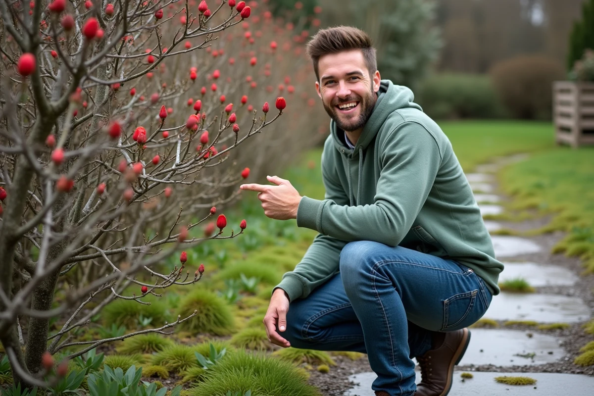 Jardinier découvrant avec enthousiasme les premiers bourgeons rouges d'un hibiscus en reprise au printemps
