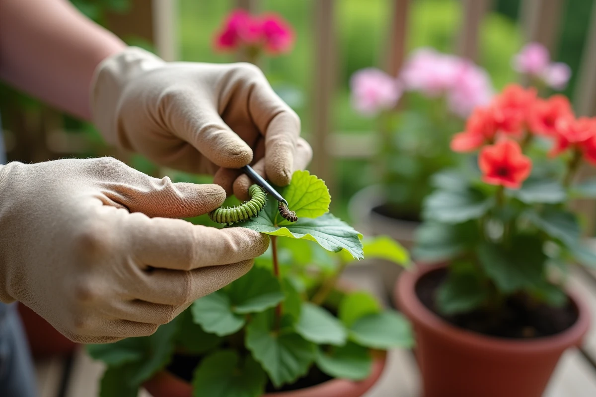 Jardinière inspectant et retirant manuellement une chenille verte sous une feuille de géranium en pot