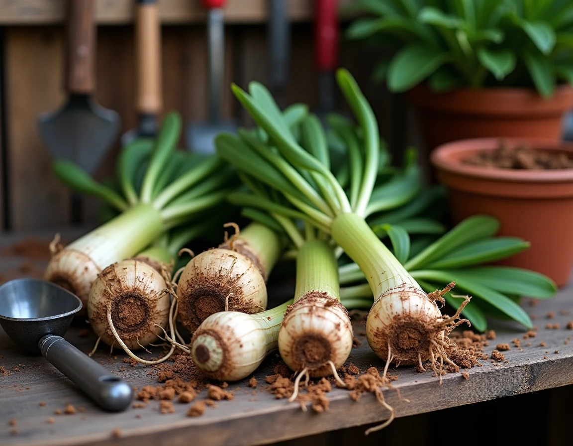 Rhizomes d'agapanthe divisés posés sur une table de rempotage en bois avec outils de jardinage