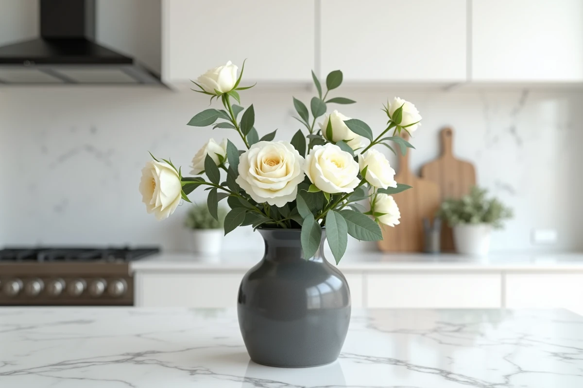 Roses blanches et eucalyptus dans un vase gris anthracite sur un plan de travail en marbre dans une cuisine scandinave
