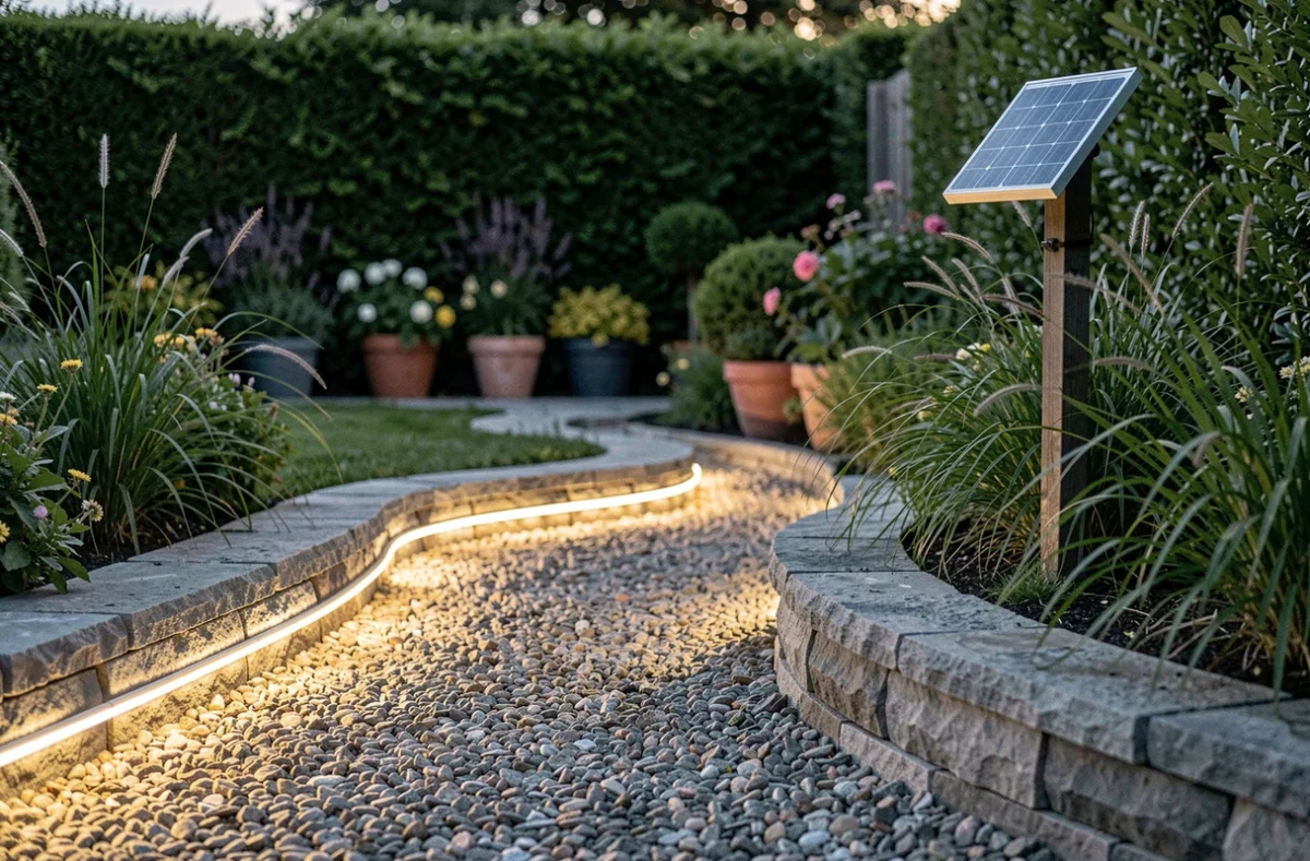 Ruban LED solaire waterproof le long d'un chemin de jardin en gravier avec panneau solaire discret sur clôture