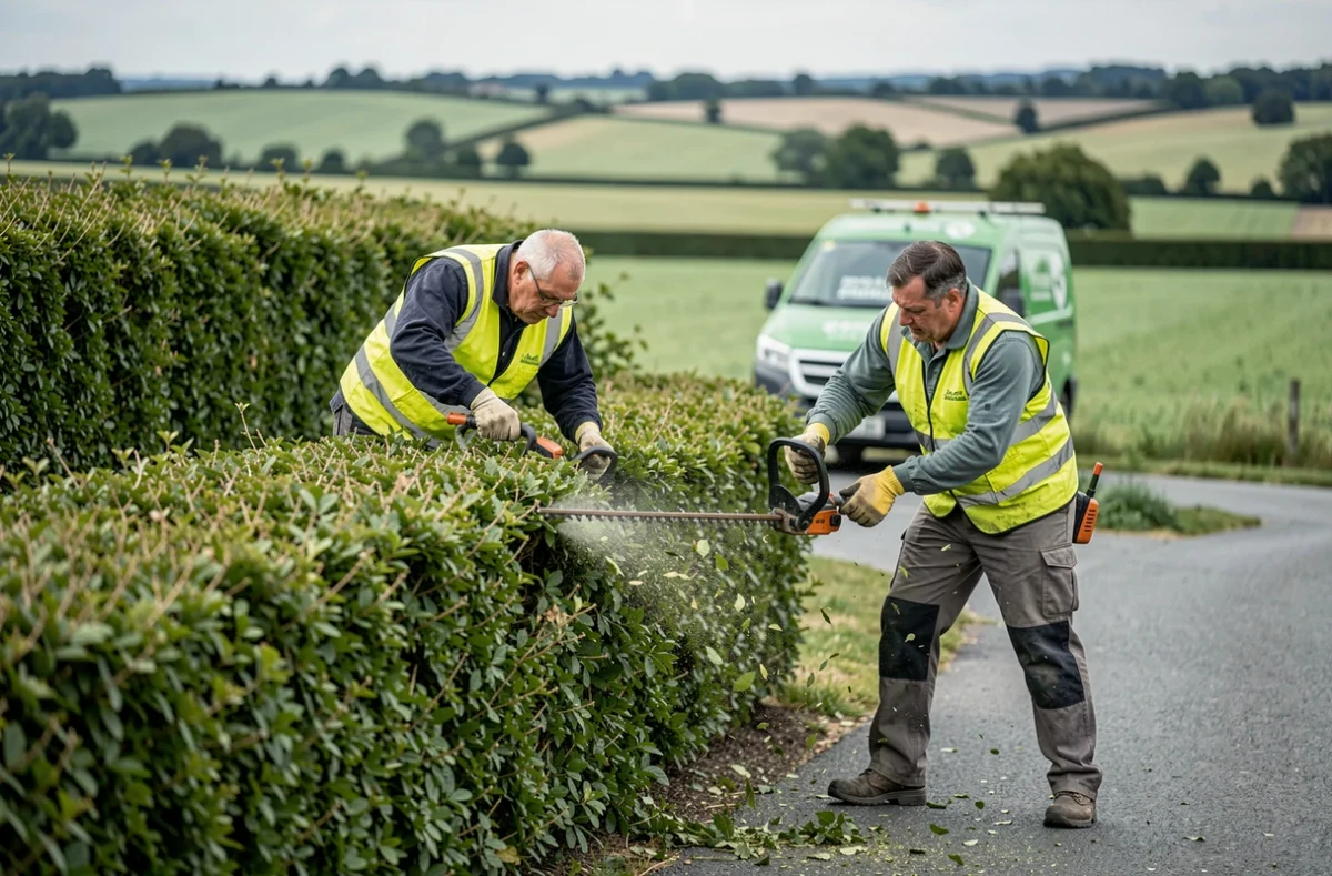Équipe d'entretien d'espaces verts taillant une haie en Ille-et-Vilaine nord avec camion utilitaire en arrière-plan