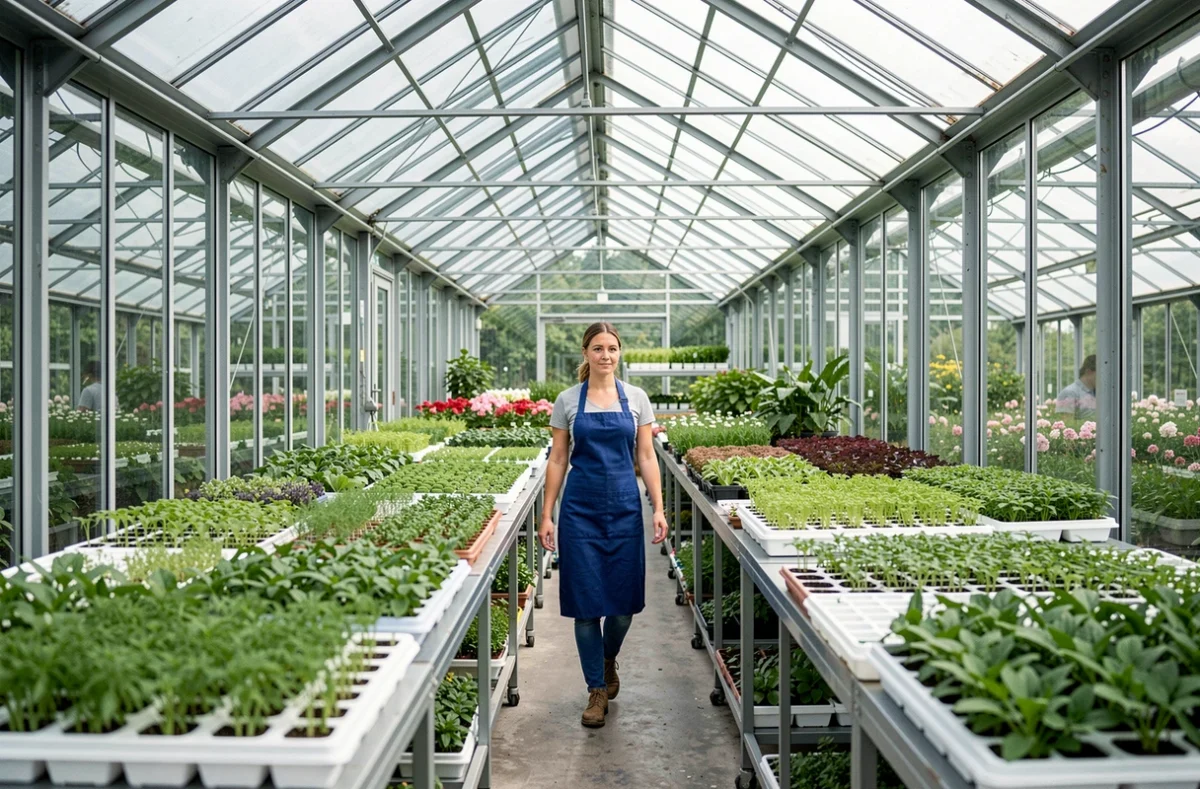 Serres de production modernes des Serres de Bon Pain à Saint-Georges-sur-Baulche avec des rangées de jeunes plants
