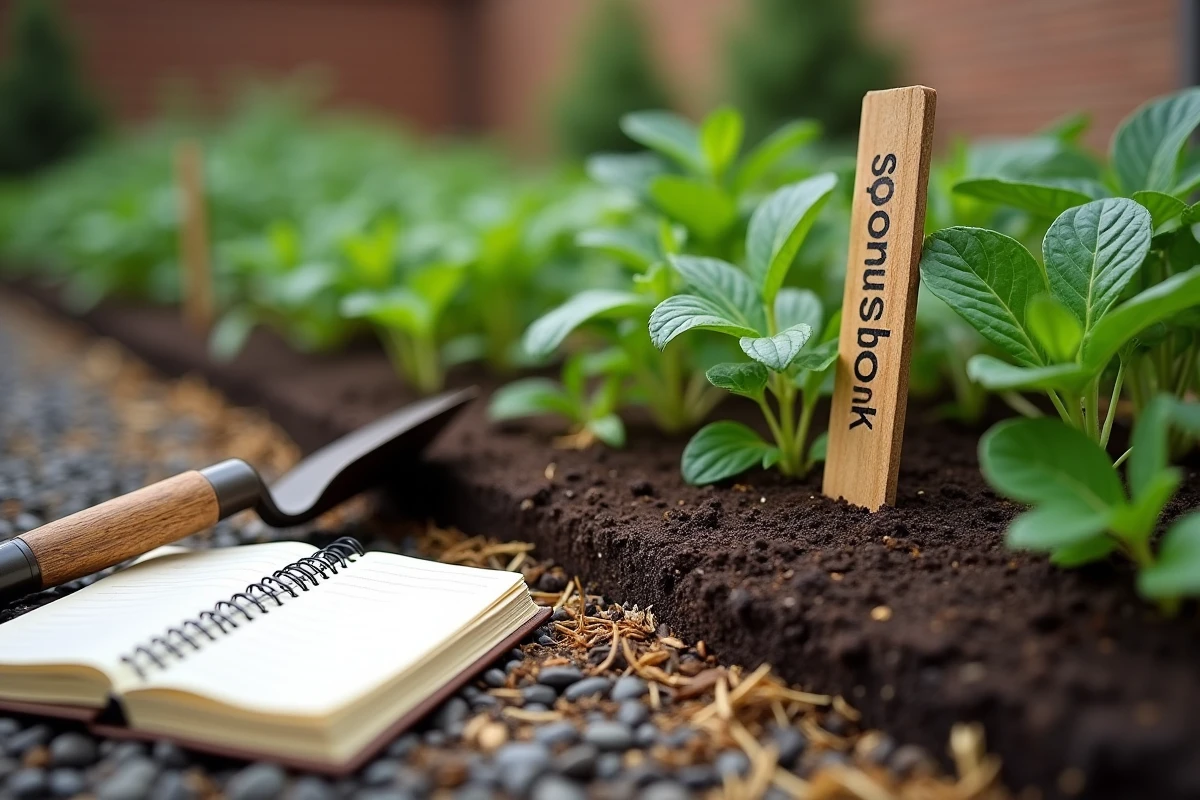 Sol riche en humus d'un jardin agroécologique urbain avec paillis de paille, jeunes pousses et tuteur en bois marqué compost