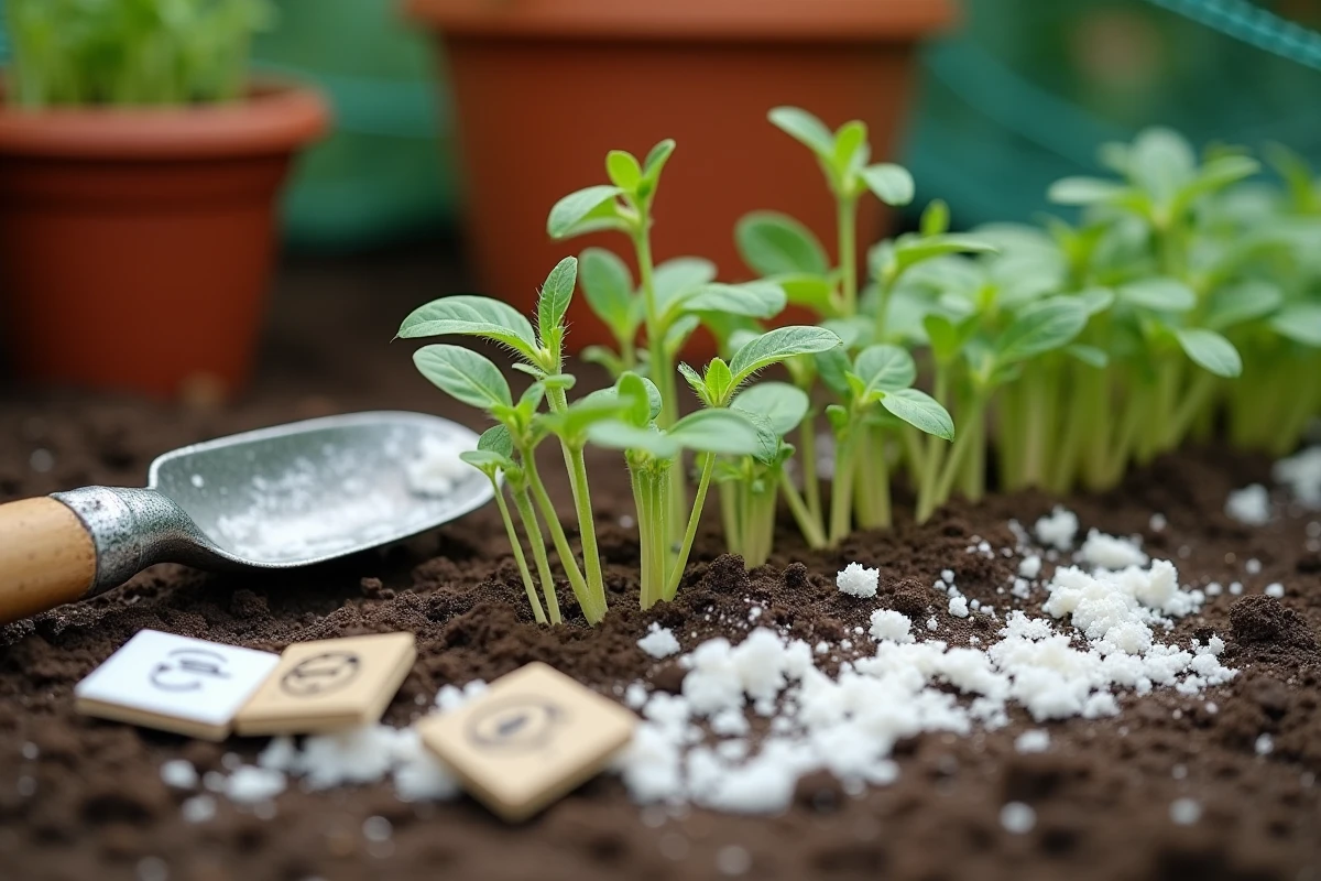 Gros plan sur un sol de jardin avec des taches blanches de chaux en exc&egrave;s et des semis d'herbes aromatiques d&eacute;color&eacute;s