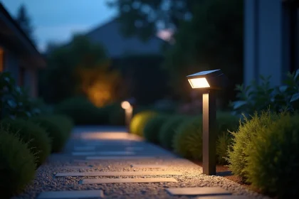 Spot extérieur solaire LED installé sur un poteau métallique noir dans un jardin résidentiel au crépuscule, éclairant une allée en pierre