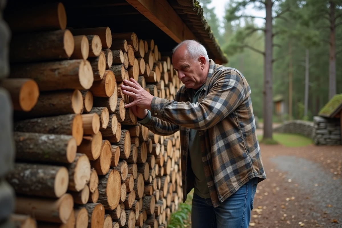 Homme moyen âge empilant du bois dans un cadre rural