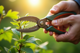 Mains de jardinier coupant une branche de lilas vert en plein soleil