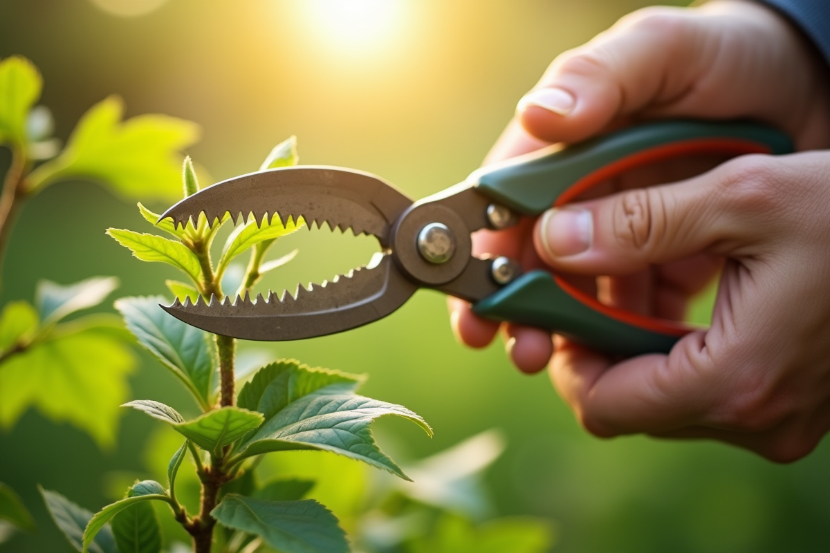 Mains de jardinier coupant une branche de lilas vert en plein soleil