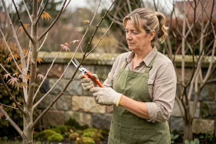 Femme taillant un érable du Japon au printemps avec un sécateur dans un jardin