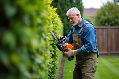 Homme d'âge moyen utilisant une taille-haie électrique dans un jardin