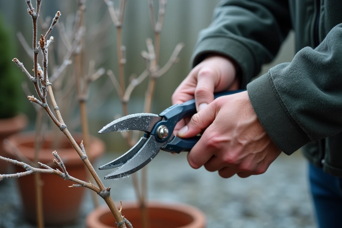 Mains d'un jardinier taillant les branches sèches d'un hibiscus en hiver avec un sécateur en acier